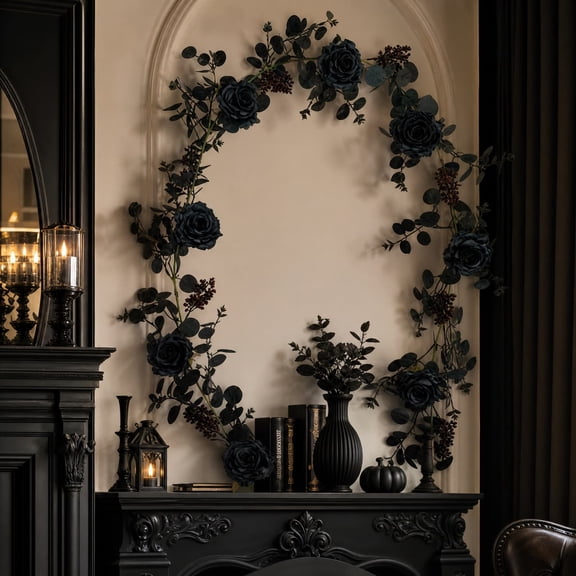 Miwamany Artificial Black Rose Garland, Gothic Halloween Hanging Floral Vine, Dark Faux Flower for Wedding Arch Mantel Door, Spooky Romantic Fall Decor