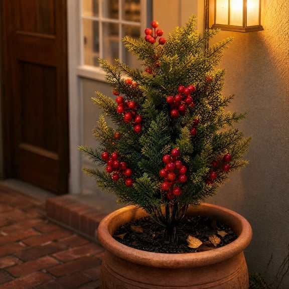 Miwamany Artificial Christmas Cedar Stake, Fake Pine Branch with Red Berries, Outdoor Ground Plug Yard Decor for Xmas Garden Porch Walkway Holiday Display