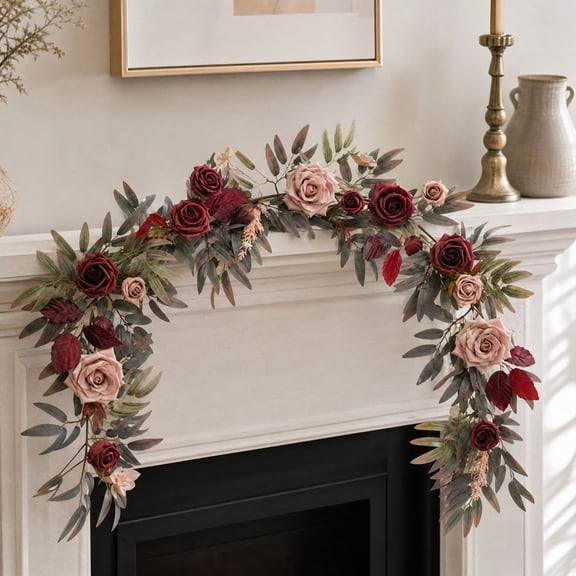 Miwamany Artificial Fall Floral Garland Burgundy Rose Vine, Thanksgiving Halloween Christmas Table Mantel Decor, Vintage Foliage for Home Party Decoration
