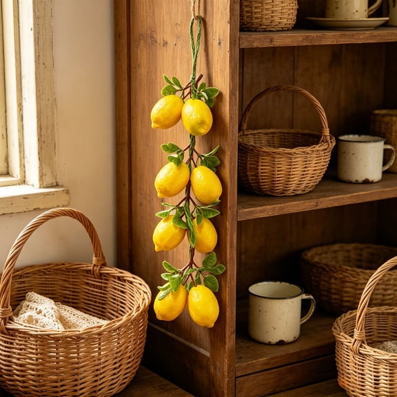 Miwamany Artificial Lemon Hanging Garland, Lifelike Faux Fruit String with Green Leaves, Summer Citrus Vine Decoration for Kitchen Dining Room Home Party Wedding Table Centerpiece Wall Decor