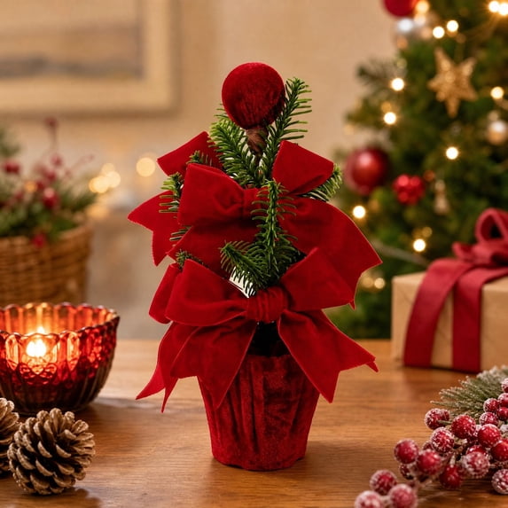Miwamany Artificial Potted Christmas Plants with Ornaments, Tabletop Decoration, Mini Christmas Tree Potted Arrangement for Home Indoor Holiday Decor