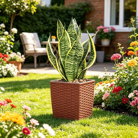 Miwamany Big Square Plastic Planter Pot, Faux Rattan Texture Self Watering Container, Large Indoor Outdoor Flower Pot for Home Decor, Green Plants, Patio Balcony Garden