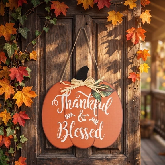 Miwamany Blessed Pumpkin Wooden Hanging Sign, Fall Thanksgiving Wood Door Plaque with Straw Bow and Leaf, Rustic Harvest Wall Decor for Front Porch Entryway Living Room Home Indoor Decoration