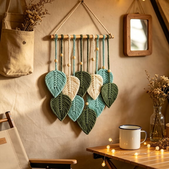 Miwamany Bohemian Leaf Macrame Wall Hanging Tapestry Hand Woven Cotton Art, 15.7x26.7 inch Boho Home Decor for Bedroom Living Room Apartment, Housewarming Gift