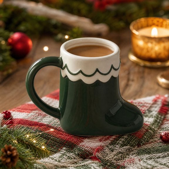 Miwamany Christmas Boot Mug, Novelty Boot Shaped Coffee Cup with Handle, Festive Ceramic Drinking Mug for Hot Cocoa Tea Xmas Home Kitchen Decor Gift