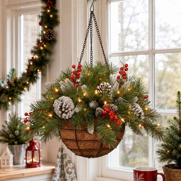 Miwamany Christmas Hanging Basket Wreath, Artificial Berry Pinecone Decor with Lights, 11.8 Inch Hanging Planter for Front Door Wall, Christmas Decorations Indoor Outdoor