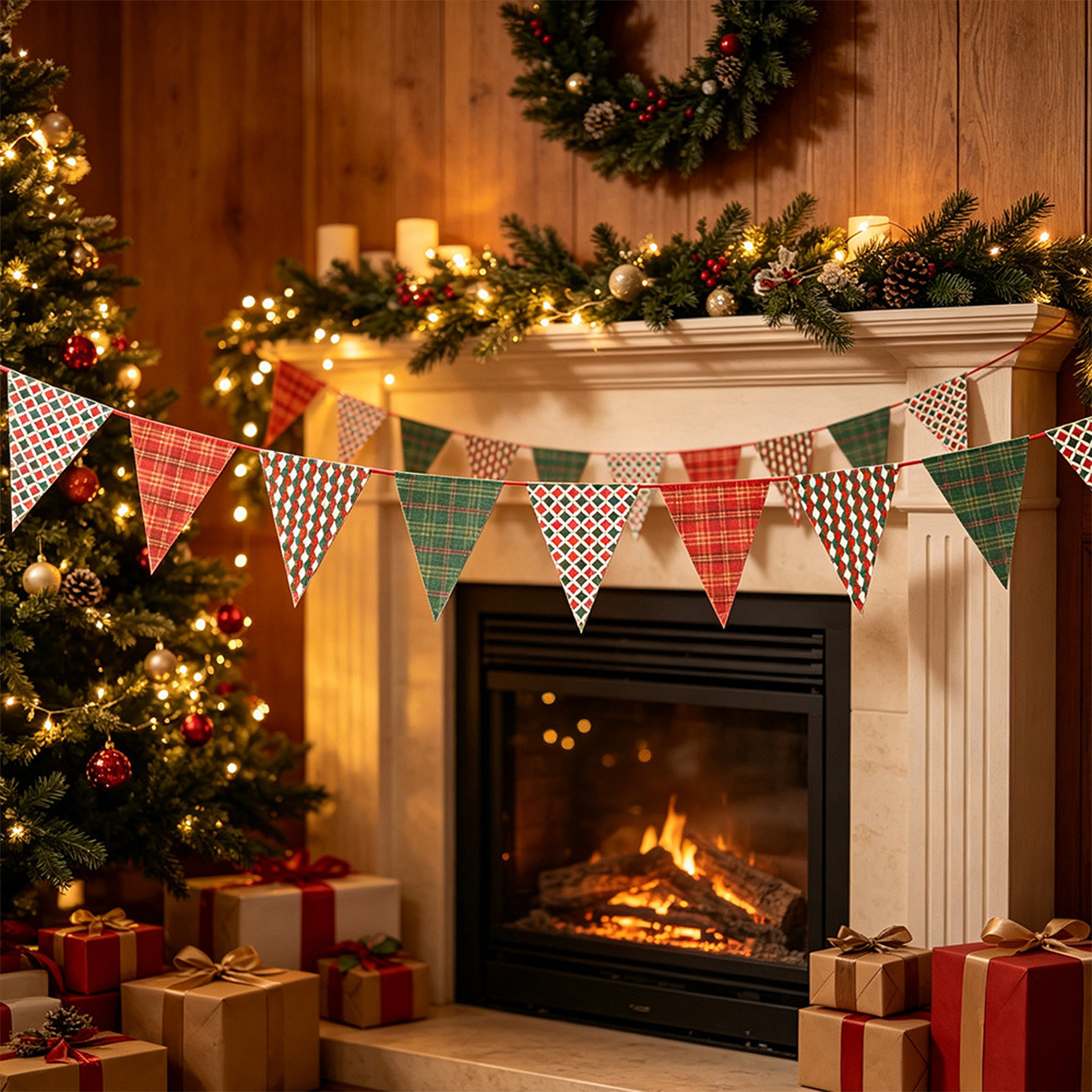 Miwamany Christmas Pennant Banner, Triangle Flag Bunting with Plaid Snowflake, Holiday Party Indoor Wall Hanging Decor, 49.6 Inch Paper Garland, Christmas Decorations Indoor