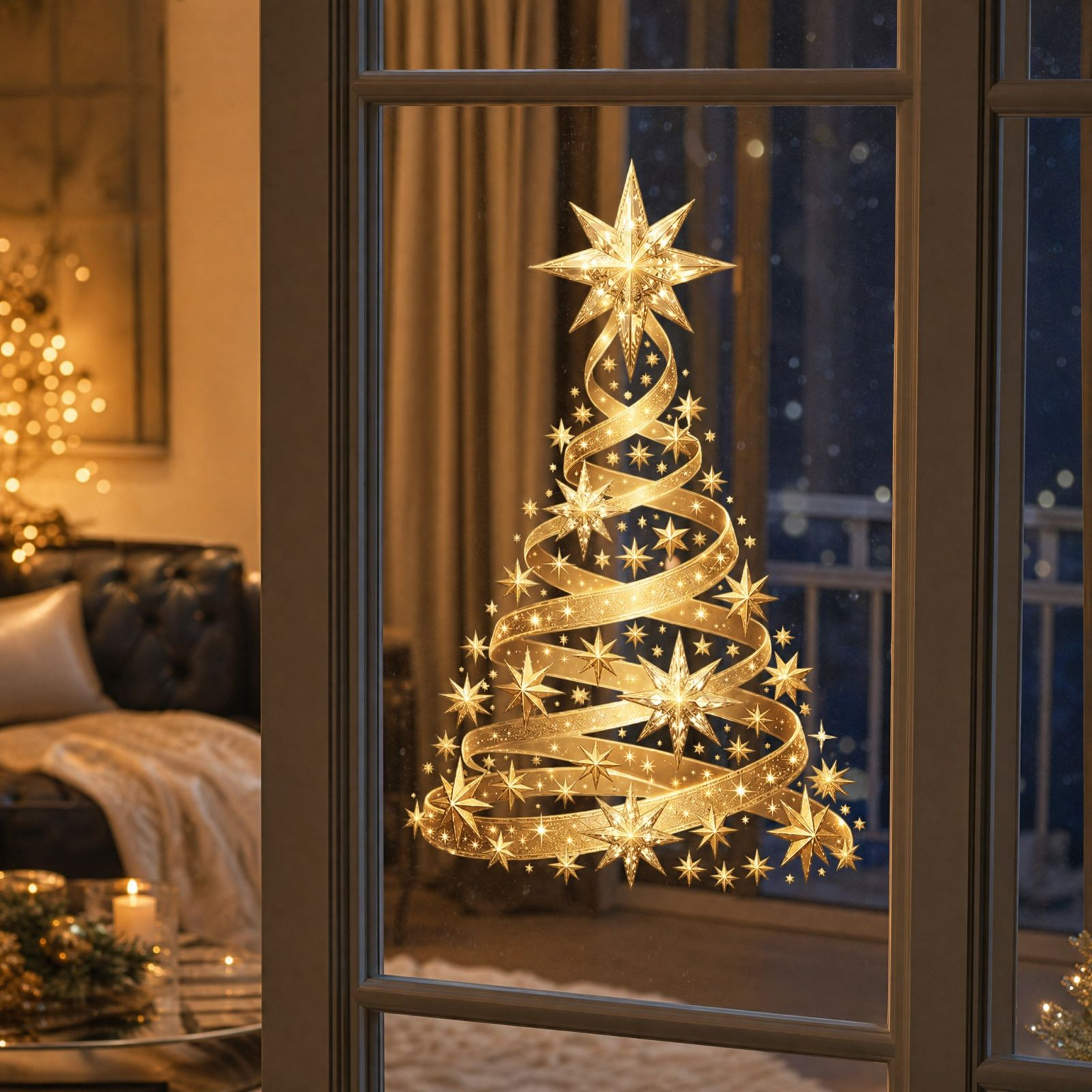 Miwamany Christmas Window Clings, Golden Ribbon Star Christmas Tree Decals, Reusable Static Cling Stickers for Glass Door Window, Christmas Decorations Indoor, 17.7 Inch