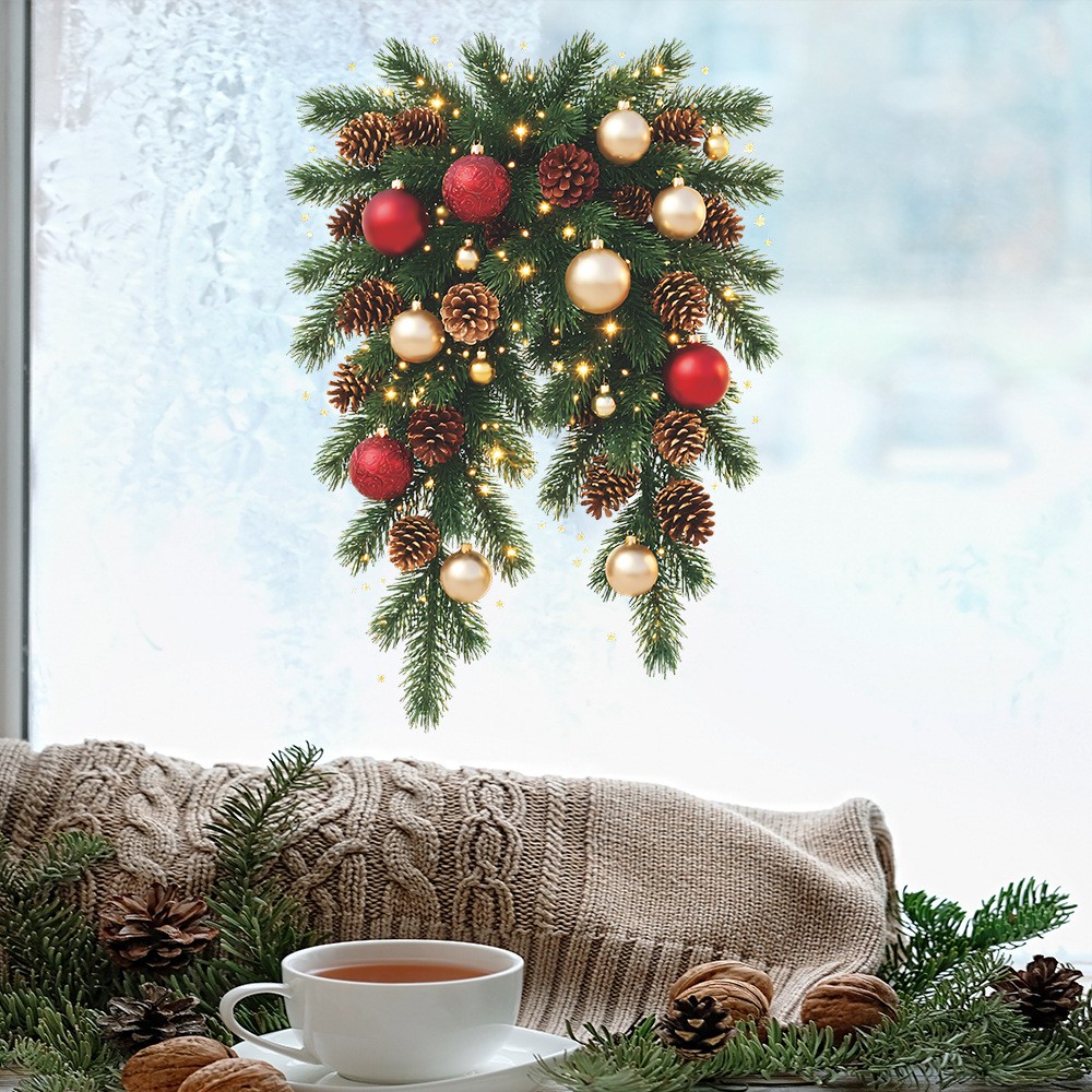 Miwamany Christmas Window Sticker, Simulation Hanging Branch Light Ball Decal, Static Cling Glass Window Decoration for Home, Christmas Decorations Indoor