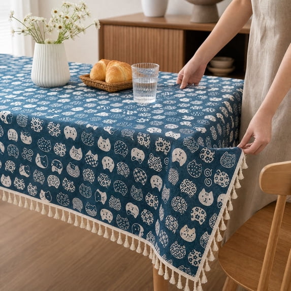 Miwamany Cotton Linen Tablecloth, 39x59 inch Printed Tassel Table Cover, Washable Decorative Rectangular Cloth for Dining Coffee Table Kitchen, Vintage Home Decor