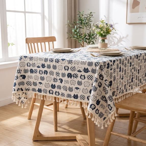 Miwamany Cotton Linen Tablecloth, 39x59 inch Printed Tassel Table Cover, Washable Decorative Rectangular Cloth for Dining Coffee Table Kitchen, Vintage Home Decor