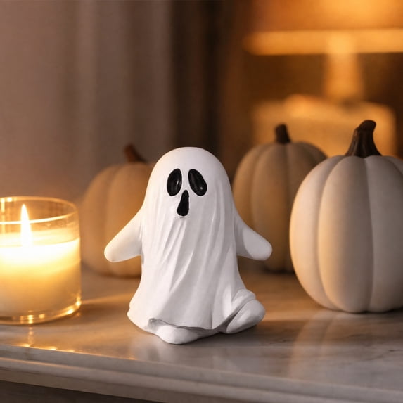 Miwamany Cute White Resin Halloween Ghost Figurine, Halloween Tabletop Statue, Compact Freestanding Ornament for Shelf Desk Window Mantel Indoor Party Home Decoration