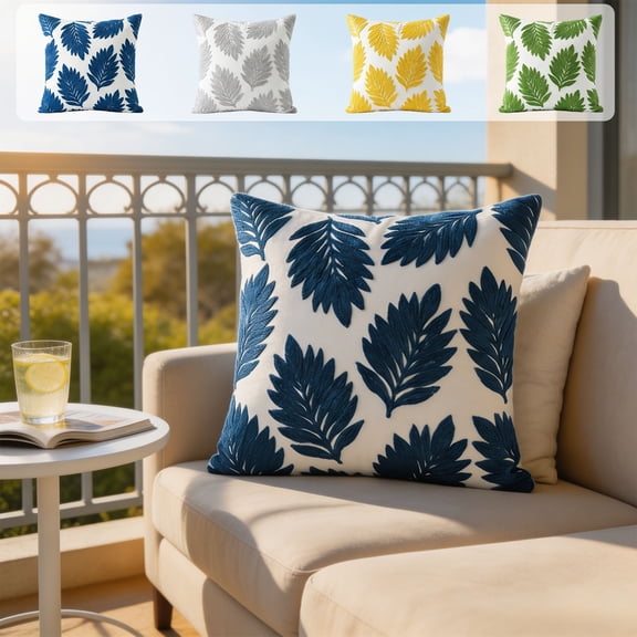 Miwamany Embroidered Throw Pillow Cover Cotton Linen Cushion Case, Botanical Floral Leaf Pattern, 17.72x17.72 Inch, Hidden Zipper Farmhouse Decorative Pillowcase for Sofa Couch Bedroom