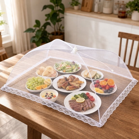 Miwamany Foldable Pop-Up Mesh Food Cover Tent, Large Outdoor Anti-Fly Net, Breathable Reusable Lace Trim Screen for Kitchen Dining Table BBQ Party Picnic Camping Patio Protection