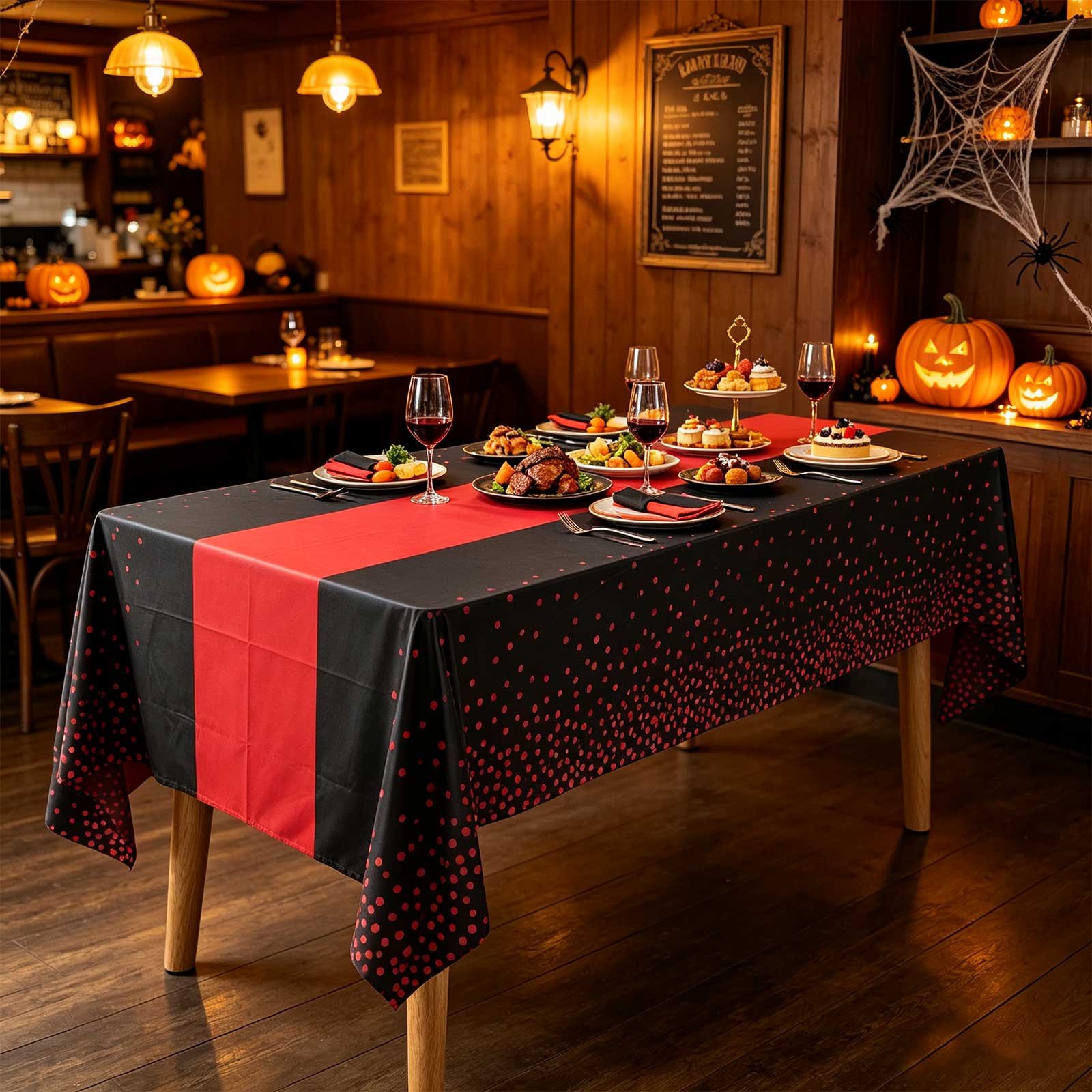 Miwamany Halloween Black Red Tablecloth, 54x108 Inch Polka Dot Plastic Cover, Disposable Waterproof Rectangle Cloth for Party Dining Table Decoration, Spooky Festive Accent
