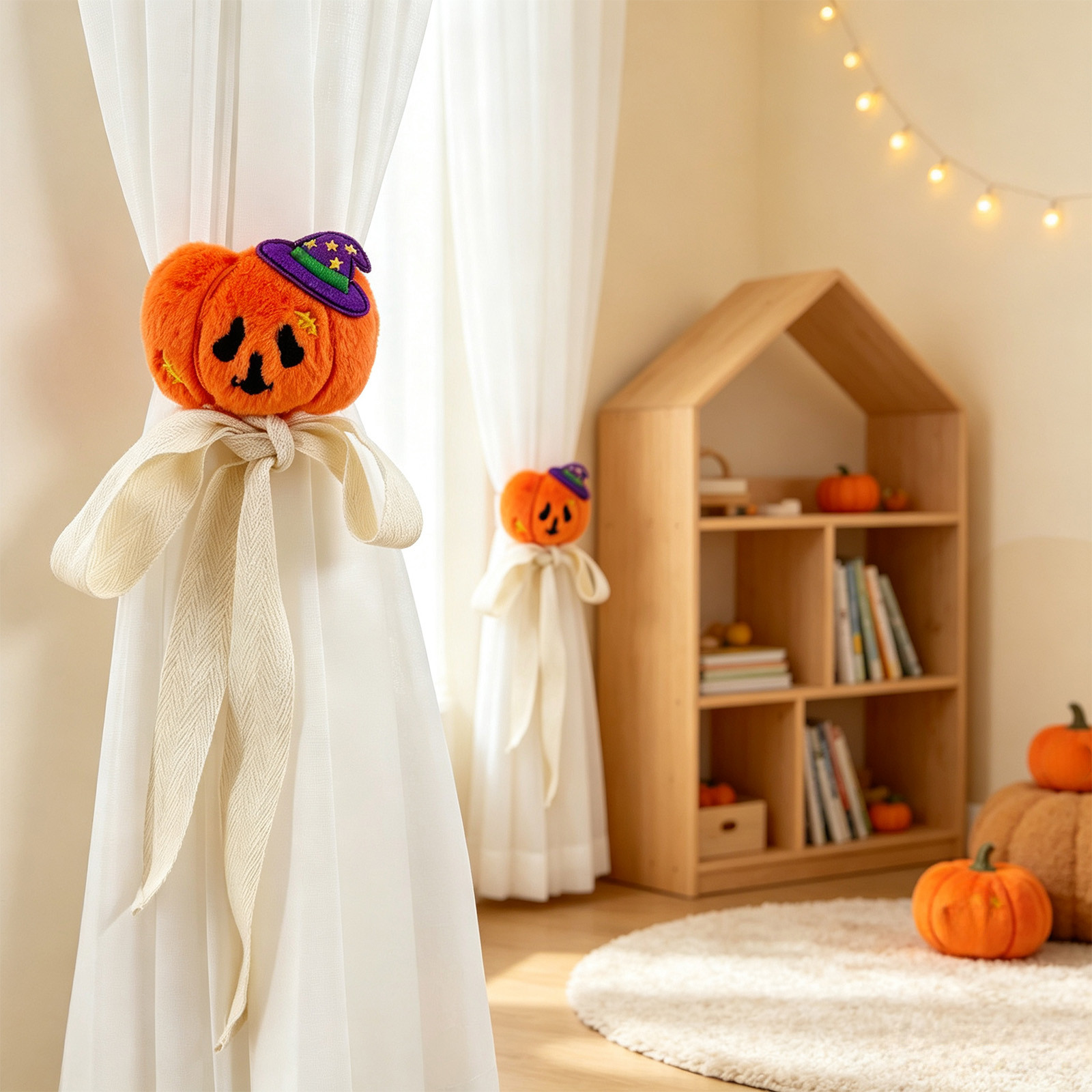 Miwamany Halloween Curtain Tiebacks 2pc, Polycotton Playful Doll Drape Holdbacks, Spooky Pumpkin Ghost Window Door Home Decor Ornament