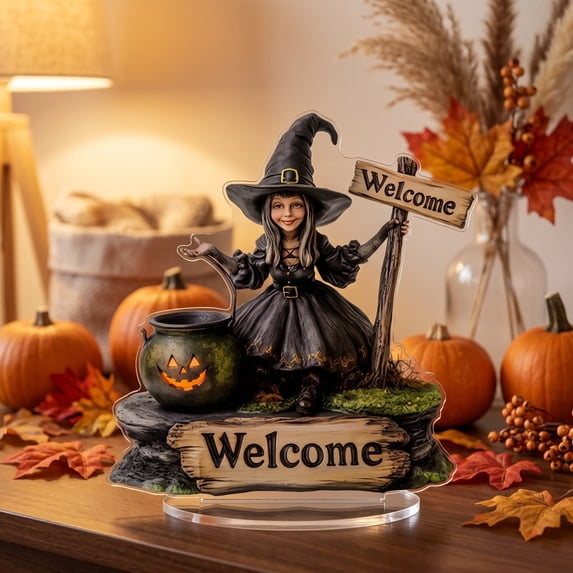 Miwamany Halloween Dark Witch Tabletop Decor, 2D Acrylic Flat Pumpkin Girl Figurine, Spooky Home Desk Shelf Decoration for Party Ornament Display