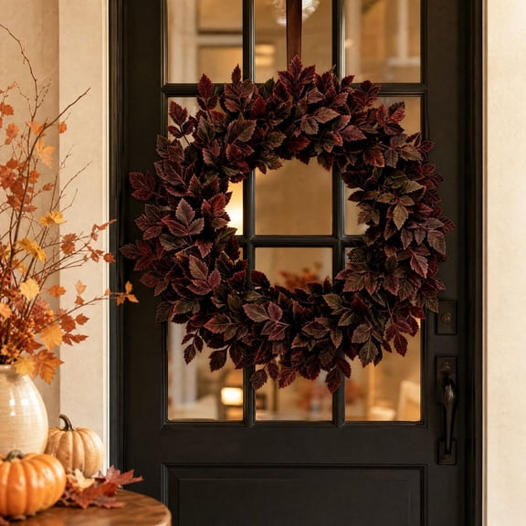 Miwamany Halloween Decorations Indoor Outdoor, Dark Burgundy Artificial Leaf Wreath 24 Inch, Gothic Fall Front Door Wreath for Home Wall Window Decor