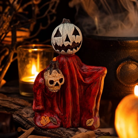 Miwamany Halloween Ghost Figurine, Resin Pumpkin Head Statue with Skull, Spooky Tabletop Ornament for Indoor Shelf Mantel Display Halloween Indoor Decor