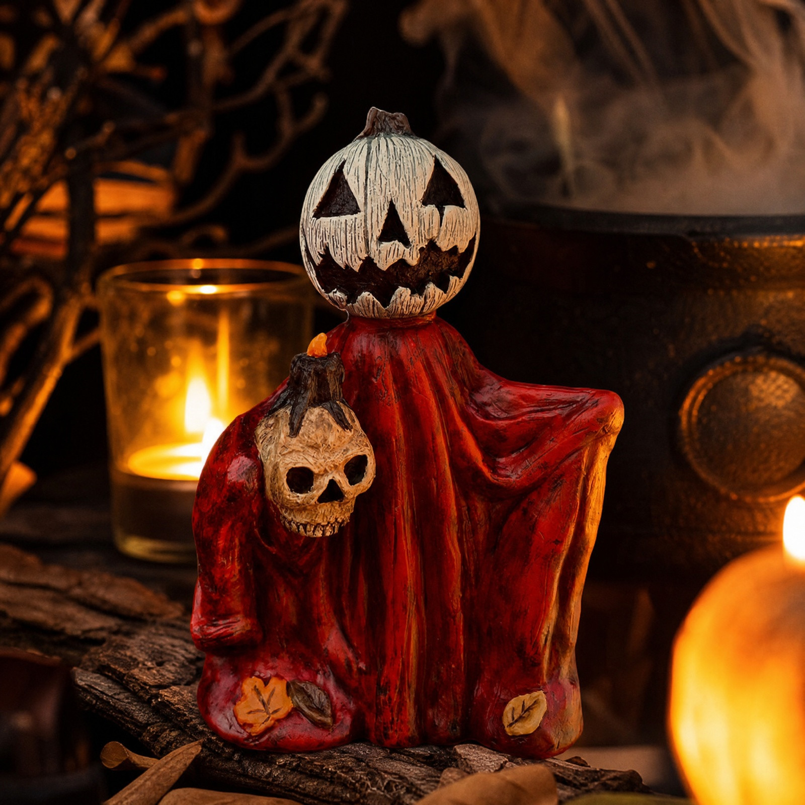 Miwamany Halloween Ghost Figurine, Resin Pumpkin Head Statue with Skull, Spooky Tabletop Ornament for Indoor Shelf Mantel Display Halloween Indoor Decor