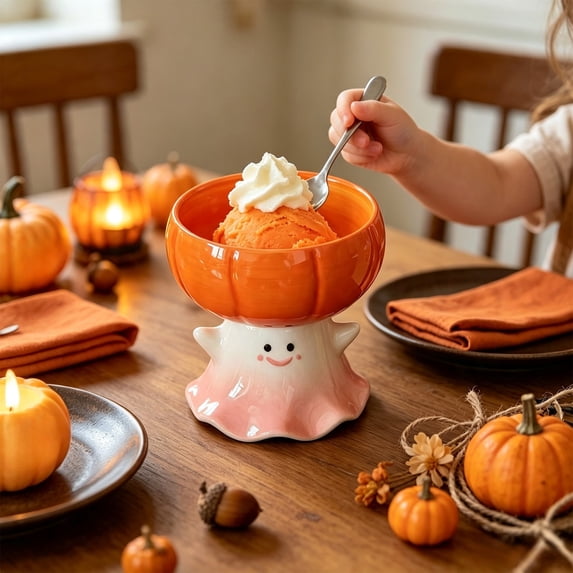 Miwamany Halloween Ghost Pumpkin Ceramic Dessert Bowl, Footed Ice Cream Snack Dish for Thanksgiving Fall Table Decor, Cute Spooky Serving Bowl 3.4x3.7x3.9in