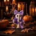 thumbnail image 1 of Miwamany Halloween Ghost Resin Figurine, Cute Patchwork Statue with Bow Pumpkin Bucket, Spooky Tabletop Decor for Home Shelf Party Gift Decoration Display, 1 of 7