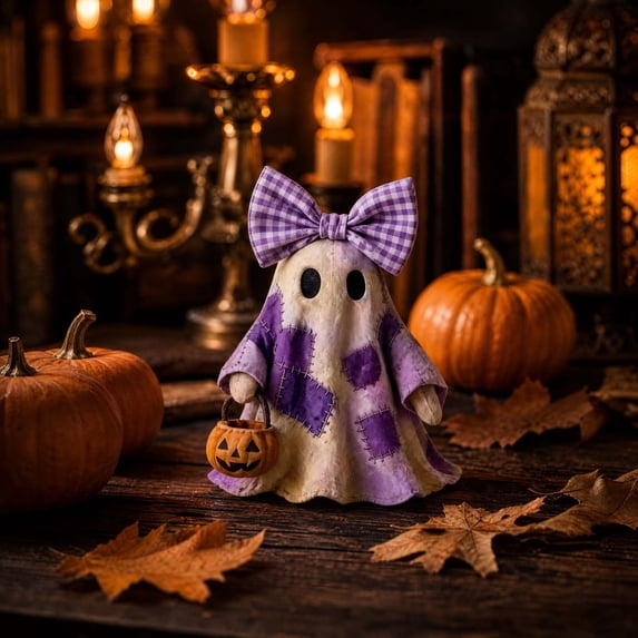 Miwamany Halloween Ghost Resin Figurine, Cute Patchwork Statue with Bow Pumpkin Bucket, Spooky Tabletop Decor for Home Shelf Party Gift Decoration Display