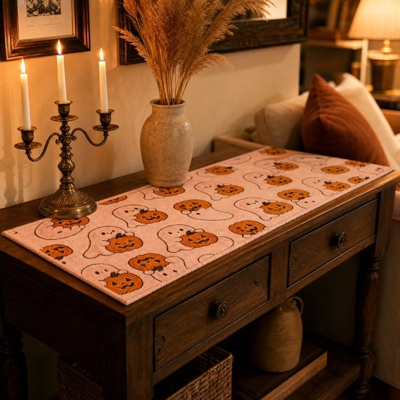 Miwamany Halloween Ghost Table Runner , Fabric Spooky Dining Decor, Seasonal Fall Kitchen Restaurant Tablecloth for Party Home Celebration Centerpiece