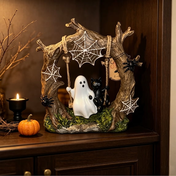Miwamany Halloween Ghost Tree Trunk Resin Figurine, Spooky Web Themed Tabletop Statue Ornament for Shelf Mantel Indoor Home Party Gothic Decor