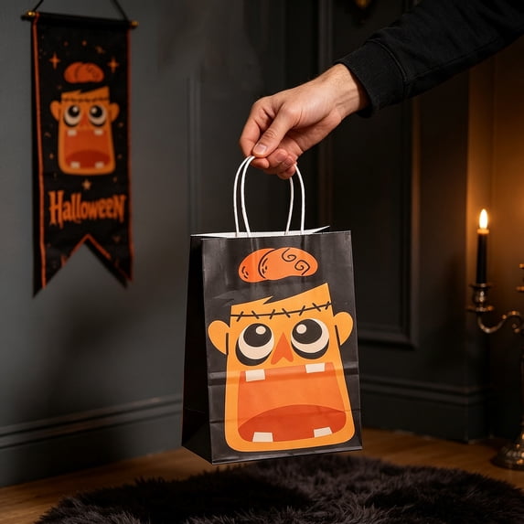 Miwamany Halloween Gift Wrapping Paper Bags 12pc, Kraft Pumpkin Tote with Handle, Party Favor Goodie Bags for Kids Candy Treats Children Decoration