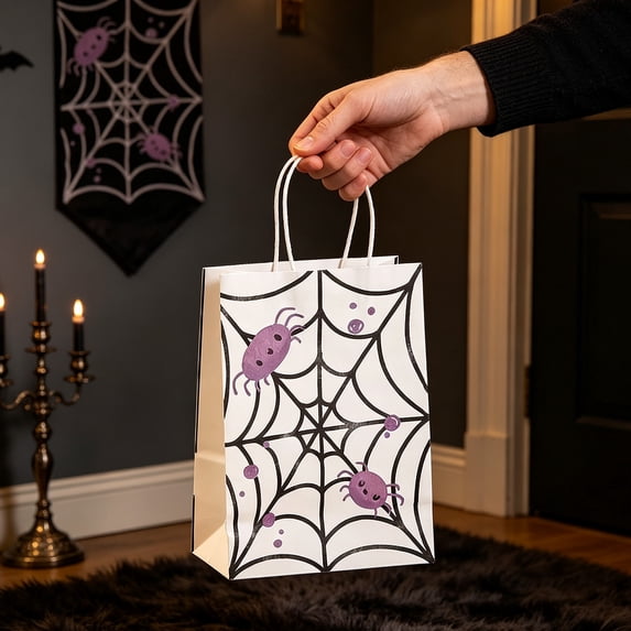 Miwamany Halloween Gift Wrapping Paper Bags 12pc, Kraft Pumpkin Tote with Handle, Party Favor Goodie Bags for Kids Candy Treats Children Decoration