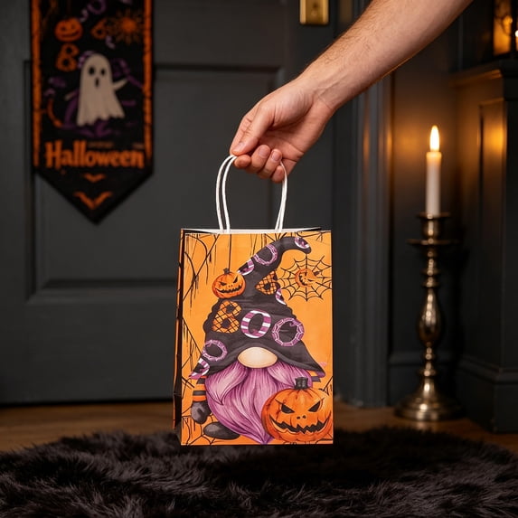 Miwamany Halloween Gift Wrapping Paper Bags 12pc, Kraft Pumpkin Tote with Handle, Party Favor Goodie Bags for Kids Candy Treats Children Decoration