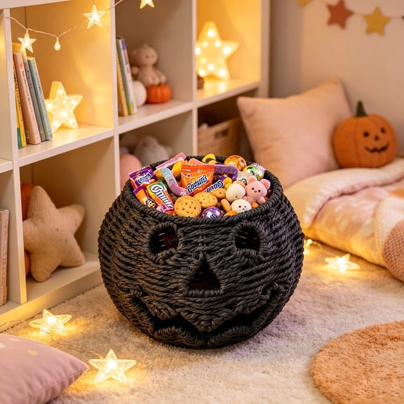 Miwamany Halloween Handmade Rattan Pumpkin Bowl, Woven Storage Basket Decor, Rustic Holiday Centerpiece for Candy Snacks Tabletop Display Ornament