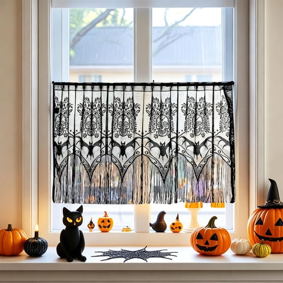 Miwamany Halloween Lace Short Curtain, Black Bat Spider Web Sheer Valance, Gothic Window Treatment for Kitchen Bedroom Living Room Home Party Decor