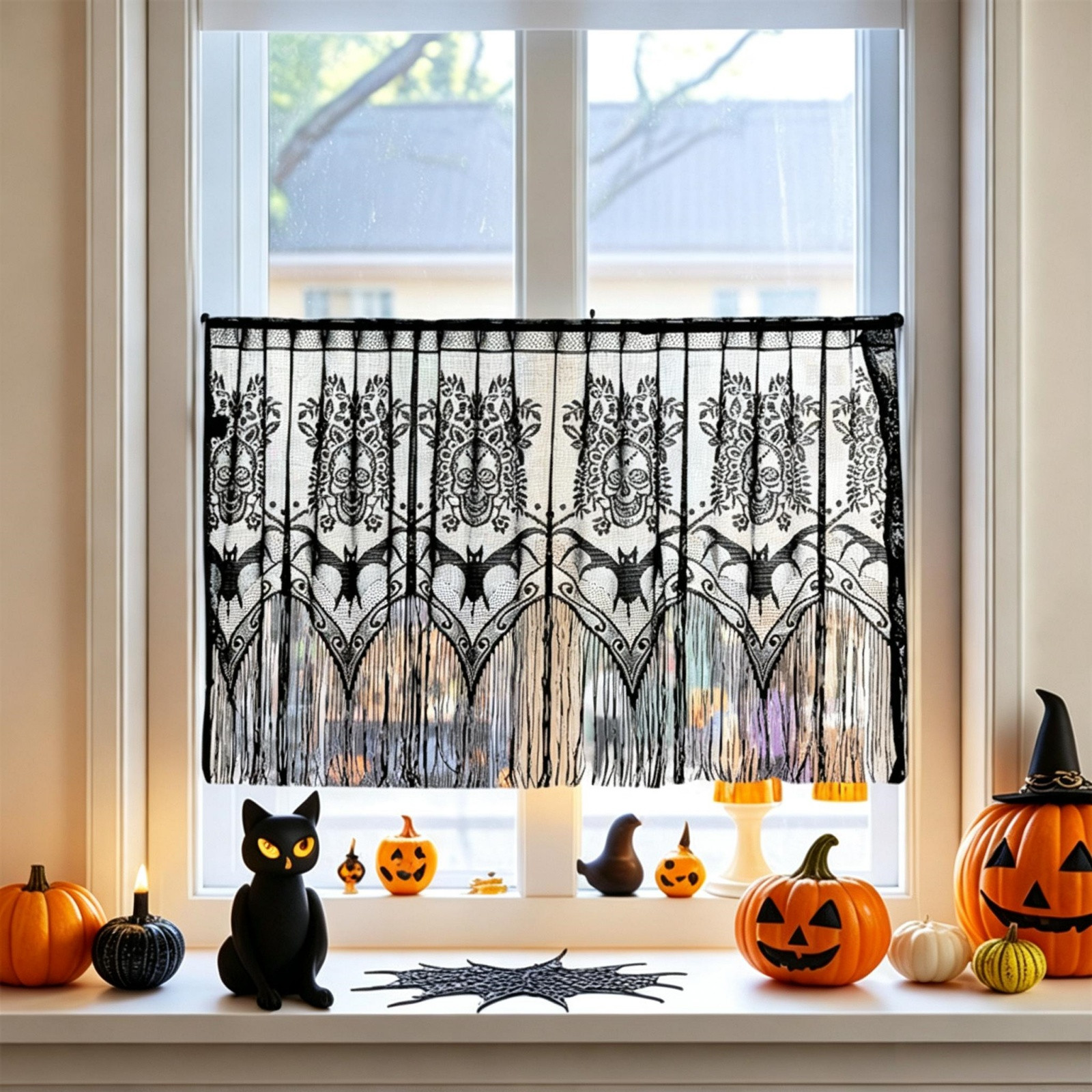 Miwamany Halloween Lace Short Curtain, Black Bat Spider Web Sheer Valance, Gothic Window Treatment for Kitchen Bedroom Living Room Home Party Decor