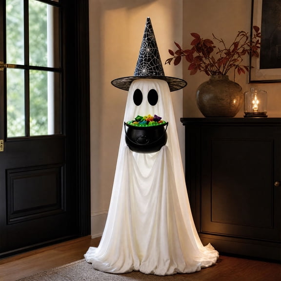 Miwamany Halloween Light Up Ghost Decor with Witch Hat, Standing LED Figurine Holding Candy Cauldron, Spooky Warm Glow Ornament for Indoor Outdoor Party Table Yard Display