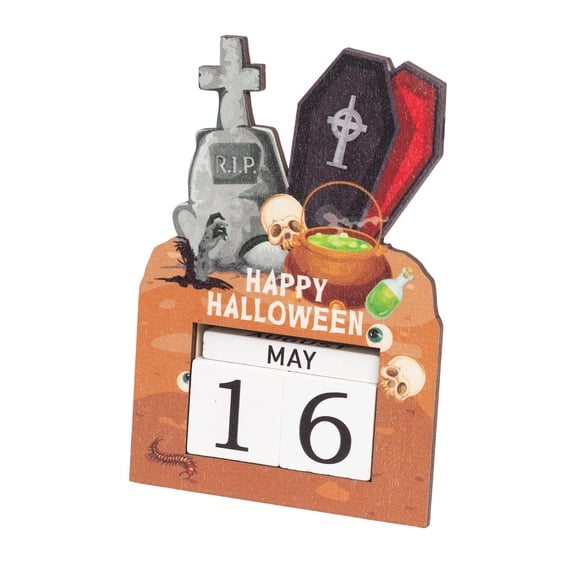 Miwamany Halloween Perpetual Wooden Calendar, Spooky Countdown Block Date Display, Reusable Tabletop Ornament for Home, Office, Desktop, Shelf, Ghost Festival Decor