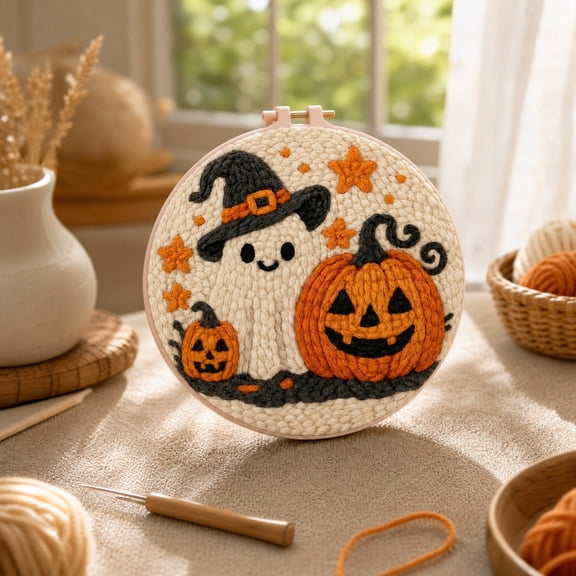 Miwamany Halloween Punch Needle Embroidery Kit, Ghost Pumpkin Woven Wall Hanging Ornament, DIY Handmade Fall Decor for Home Indoor Party Display