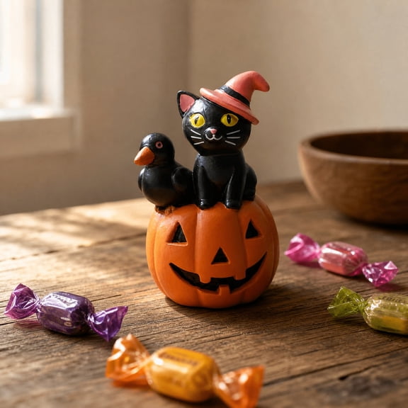 Miwamany Halloween Resin Figurine, Cat with Witch Hat Crow on Pumpkin Statue, Spooky Hand-Painted Tabletop Decor for Home Mantel Desk Shelf Ornament