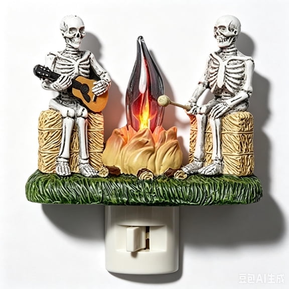 Miwamany Halloween Skeleton Campfire Night Light, Resin Figurine with Flickering Fire Effect LED, Battery Operated Spooky Tabletop Decor for Home Indoor Party Yard Porch Decoration