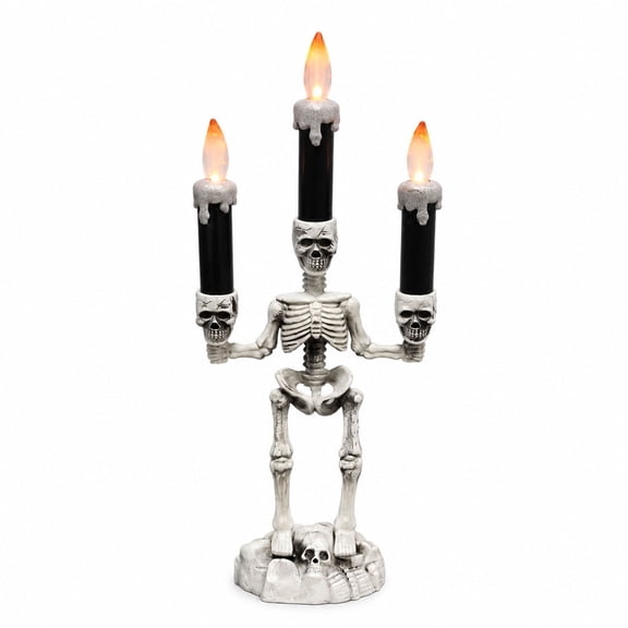 Miwamany Halloween Skeleton LED Candle Light, Resin Skull Candlestick Figurine with Flickering Flameless Lamp, Battery Operated Spooky Tabletop Decor for Dining Room Mantel Indoor Party (16x7 Inch)