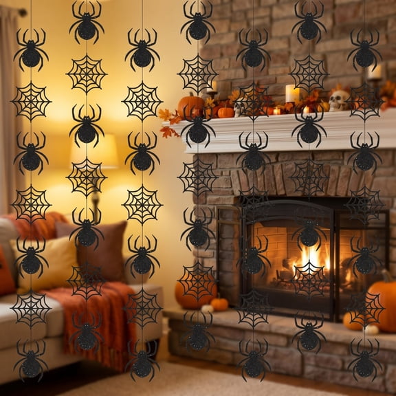 Miwamany Halloween Spiders Garland Hanging Decorations, Black Plastic Spiders Streamers, Scary Party Supplies for Home Indoor Outdoor House Spooky Scene Setup
