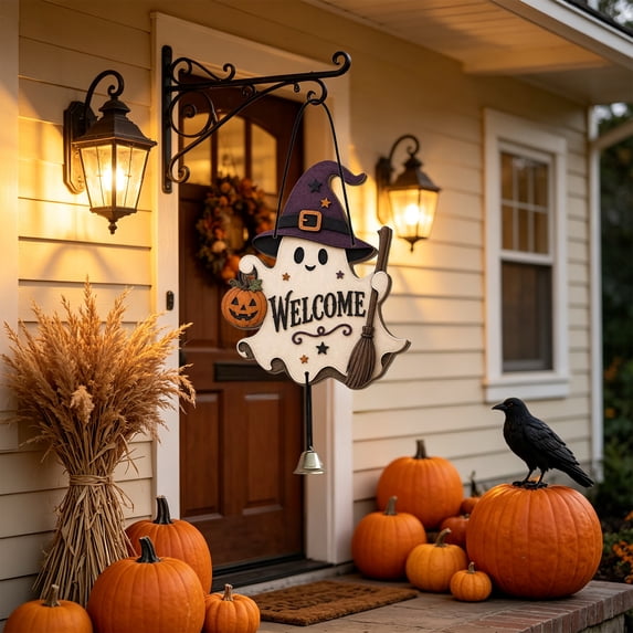 Miwamany Halloween Wooden Door Hanger, Cute Ghost Cutout with Witch Hat Pumpkin Sign, Hanging Decor for Front Door Indoor Wall, Spooky Home Gift 12x8 inch