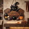thumbnail image 1 of Miwamany Halloween Wooden Door Sign, 12 Inch Witch Hat Pumpkin Crow Hanging Plaque, 2D Rustic Farmhouse Indoor Outdoor Decor with Rope for Porch Wall, Spooky Festive Home Accent, 1 of 7