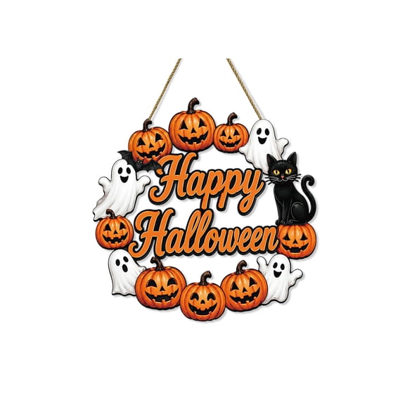 Miwamany Halloween Wooden Hanging Signs, 0.5cm Thick Wood Wall Door Window Porch Decor, Spooky Pumpkin Ghost Ornament for Family Party Indoor Outdoor Home Decoration, Ready to Hang with Rope