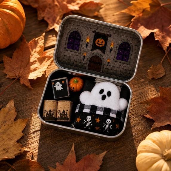 Miwamany Halloween indoor decor Mini Ghost Tin Set, Cute Spooky Travel Figurine Collection, Portable Storage Box Ornament for Desk Tabletop Gift