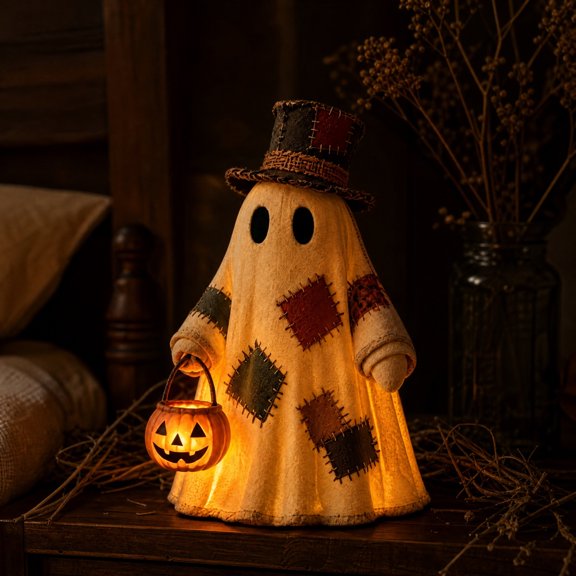 Miwamany Halloween tabletop Vintage Patchwork Ghost Light with Pumpkin, LED Fabric Figurine Night Light, Spooky Decor for Home Shelf Desk
