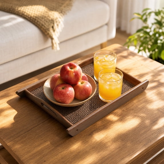 Miwamany Large Wooden Tray Platter with Handles, Rectangular Solid Wood Serving Board for Snacks Fruit, Decorative Organizer for Living Room Coffee Table Tea Room