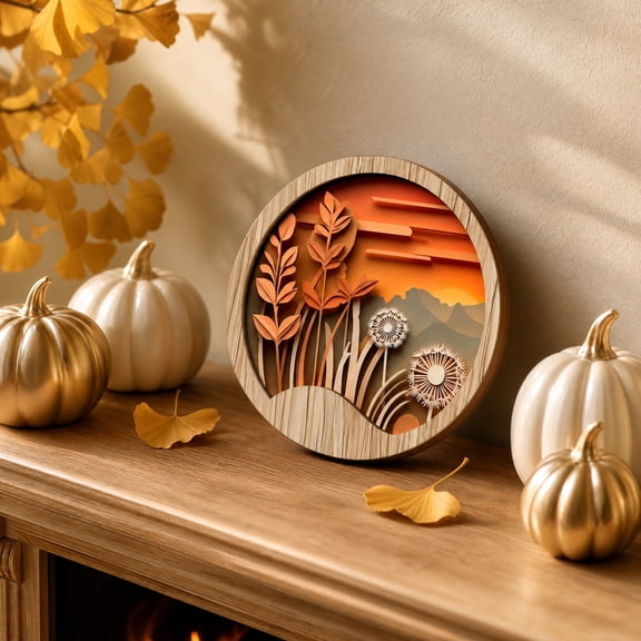 Miwamany Layered Paper Effect Round Wooden Wall Sign, Nature Sunset Scenery Circular Decor Plaque, Boho Style Hanging Art for Entryway Living Room Home Decor