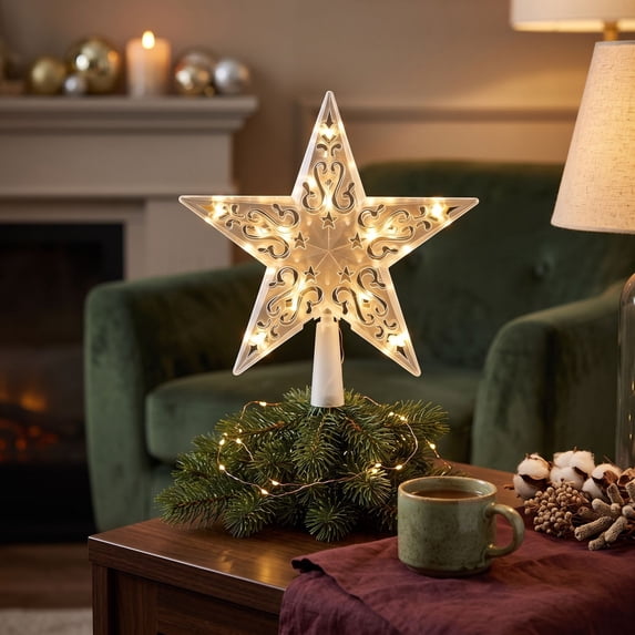 Miwamany Lighted Christmas Tree Topper Star Warm White Flashing LED Glitter Hollow Star Tree Top Ornament for Xmas Tree Home Holiday Decoration Indoor